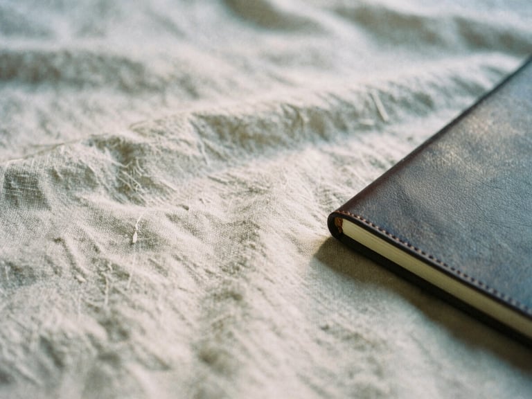 Tactile close-up of premium linen fabric and a leather-bound journal, soft shadows, warm neutral tones.