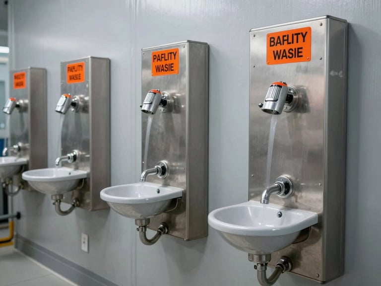 Industrial safety equipment, such as emergency showers or eye wash stations, in a clean plant environment, clear labels, crisp lighting.