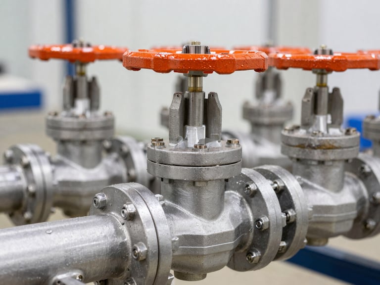 Close-up of high-pressure industrial fluid valves and piping, sharp technical focus, clean utility lighting.