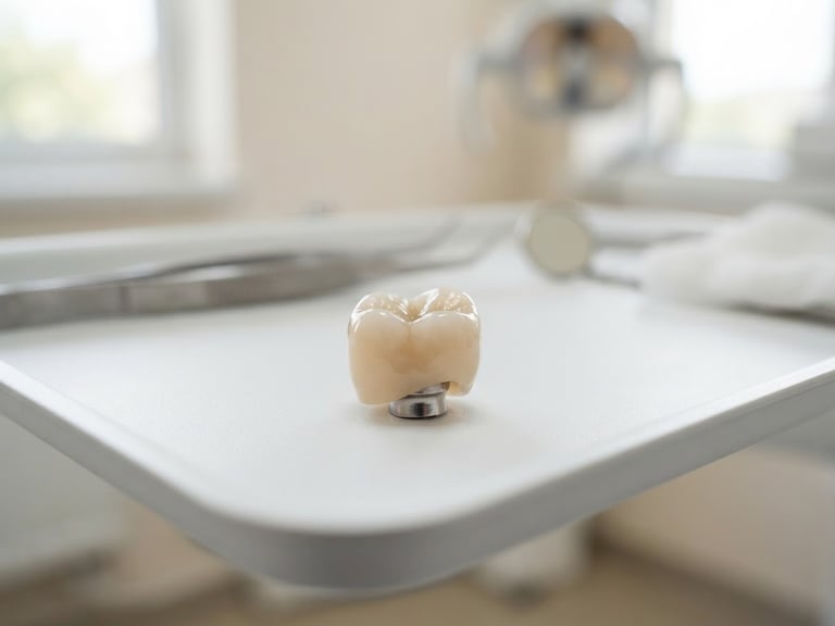 Macro photograph of a custom ceramic implant crown resting on a sterile white surgical tray, bright clinical daylight, shallow depth of field, high-end medical editorial