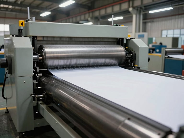 Wide shot of industrial paper cutting and ruling machinery in operation, large steel rollers and blade assemblies mid-run, paper sheets moving through the line, overhead factory lighting, facility floor visible, no staged workers, documentary industrial framing