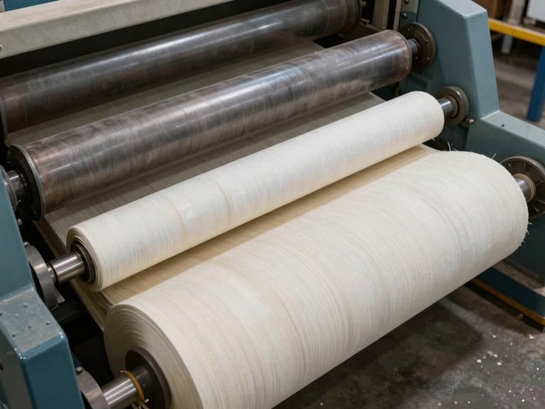 Close-up overhead view of raw paper pulp and base stock rolls being loaded onto intake machinery, heavy industrial rollers in sharp focus, warm overhead facility light, concrete floor visible below, no people posed, documentary framing