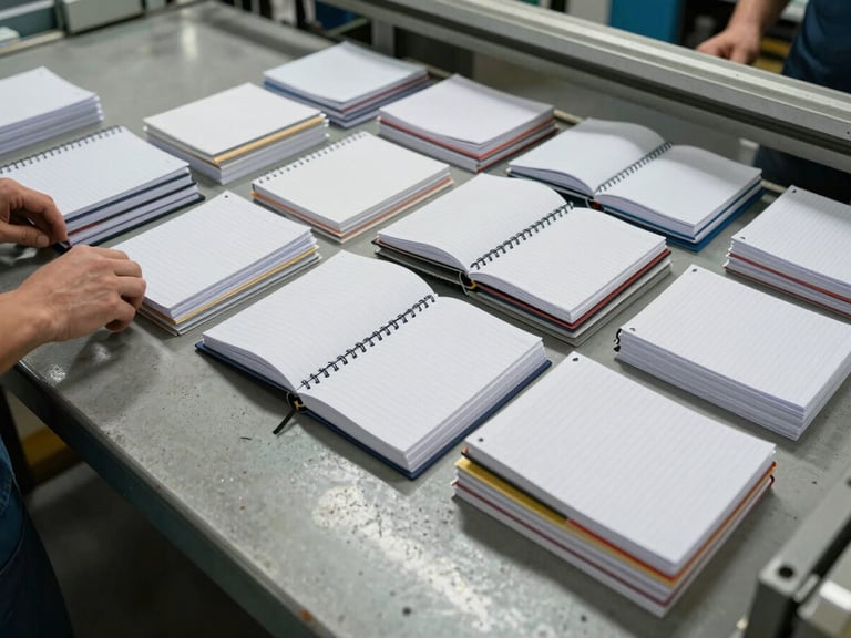 Overhead view of finished notebook and register stacks being collated and bound at an industrial finishing station, organised rows of product under bright facility lighting, hands visible loading product, concrete and steel surroundings, no studio staging, documentary framing