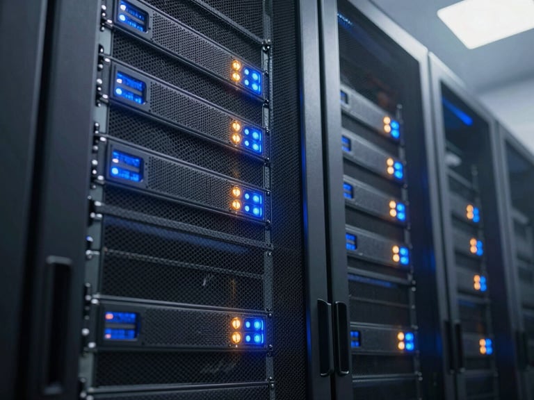 A close-up of a high-tech secure physical server rack inside a modern data center, glowing blue and amber status lights, clean technical grid composition, professional architectural lighting.