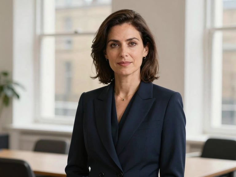An editorial portrait of a female legal advisor in a sunlit London office, navy tones, professional, shallow depth of field, 35mm