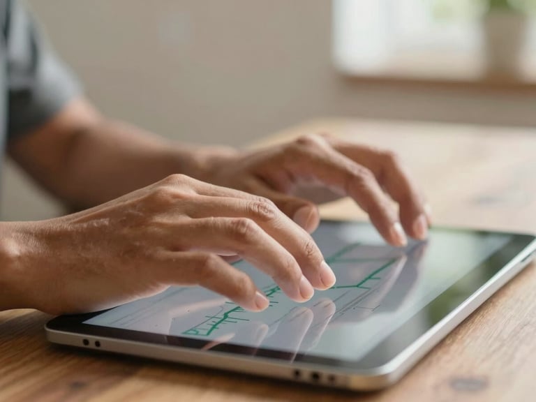 Close-up of hands typing securely on a tablet, a subtle financial chart visible on screen, warm natural light, shallow depth of field, suggesting a thoughtful and secure process.