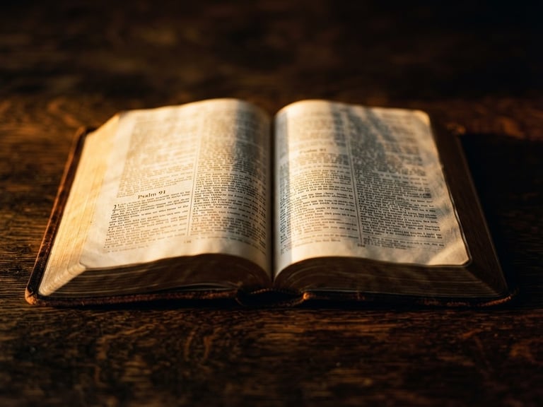A close-up of an open Bible on a dark wooden table, warm dramatic golden light illuminating the pages, shallow depth of field, 35mm photography