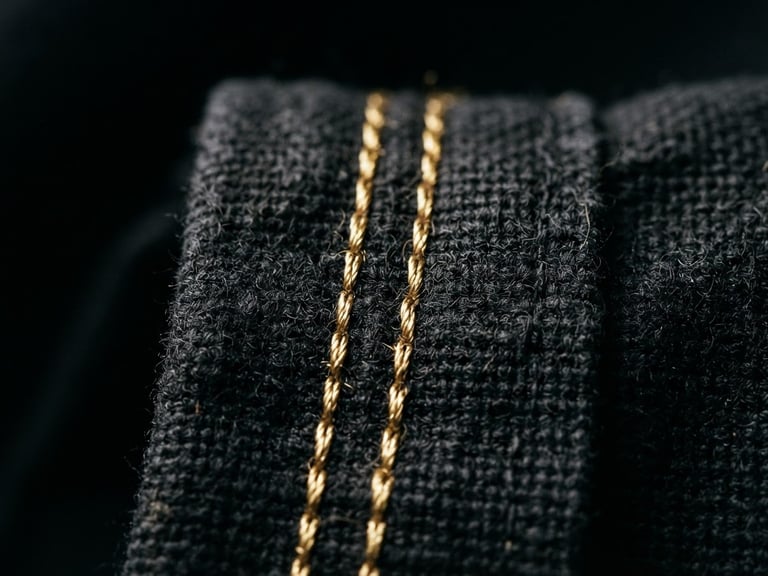 Close-up of precision double-stitch seam on heavy black flag fabric, gold embroidered details catching dramatic high-contrast studio lighting, 35mm photography
