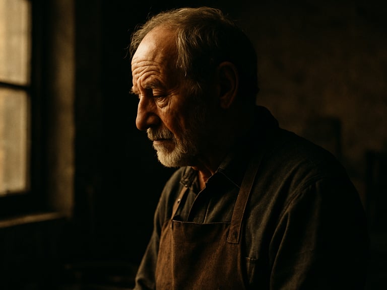Cinematic editorial photography, a side profile of an elderly artisan in deep thought, warm natural window light casting rich shadows, 35mm film grain, moody urban tones.