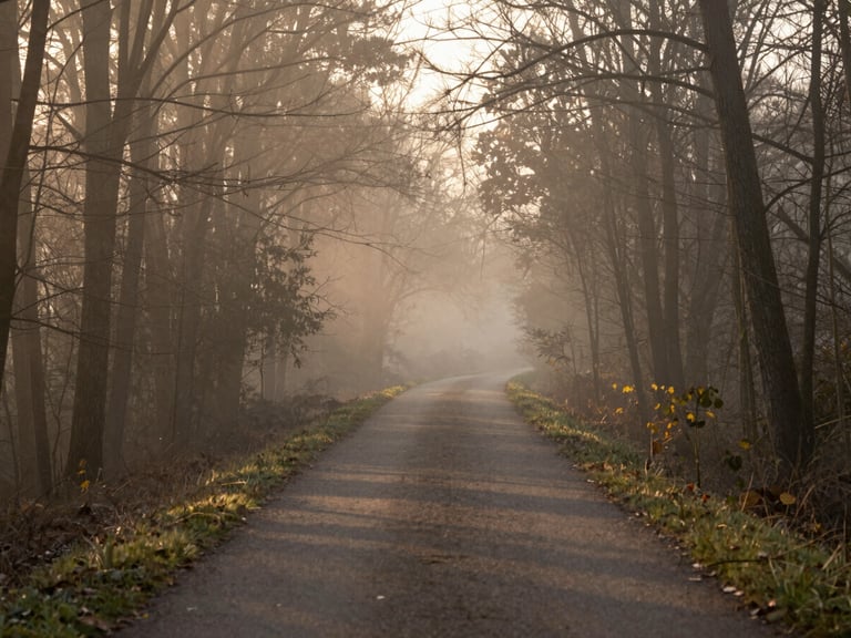 A quiet outdoor path winding through a misty forest at sunrise, soft morning light filtering through trees, serene atmosphere