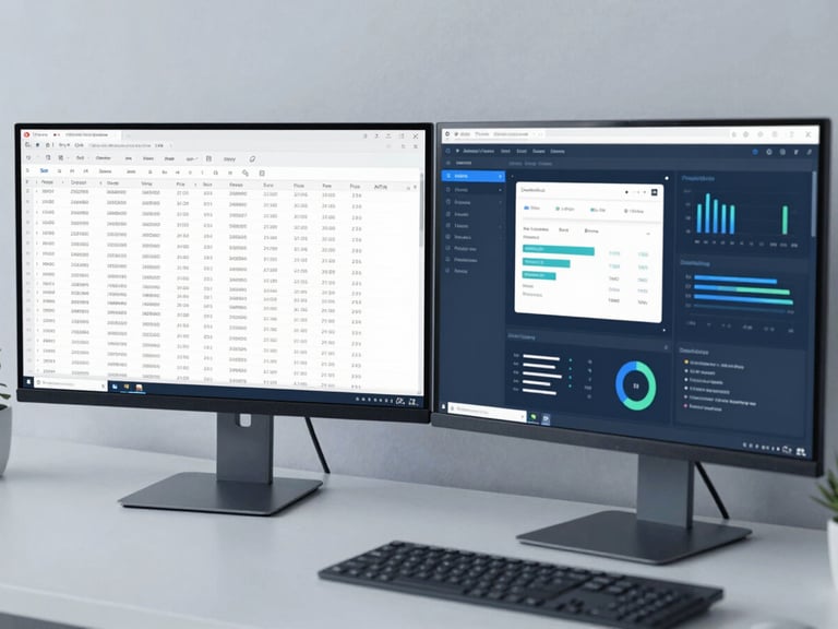 Focused view of a dual-monitor setup showing clean database tables and modern analytics software, desaturated blue tones
