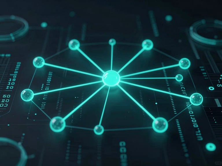 Sleek dark-mode 3D render of algorithmic nodes connected by glowing cyber-teal lines, abstract quantitative data visualization, sharp focus, cinematic tech aesthetic
