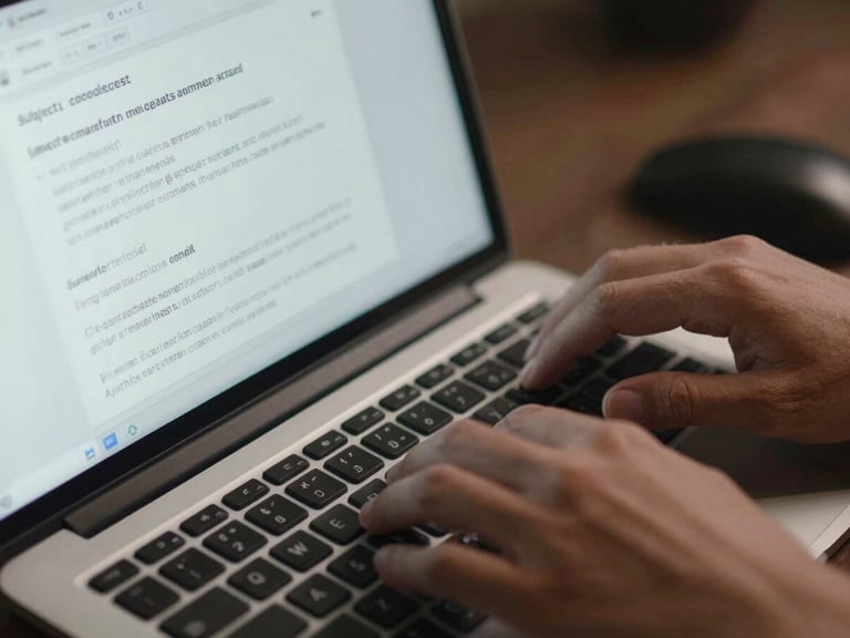 Close-up of hands on a keyboard with a broadcast email draft open on screen, subject line and preview text visible, send schedule panel in view, studio daylight from above, no lifestyle staging