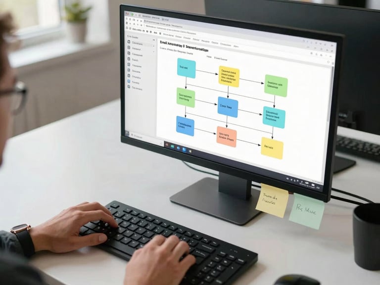 Wide desk shot showing a monitor with an email automation sequence flowchart on screen, sticky notes with step labels on the desk surface, hands visible near a keyboard, overhead office daylight, candid mid-task framing
