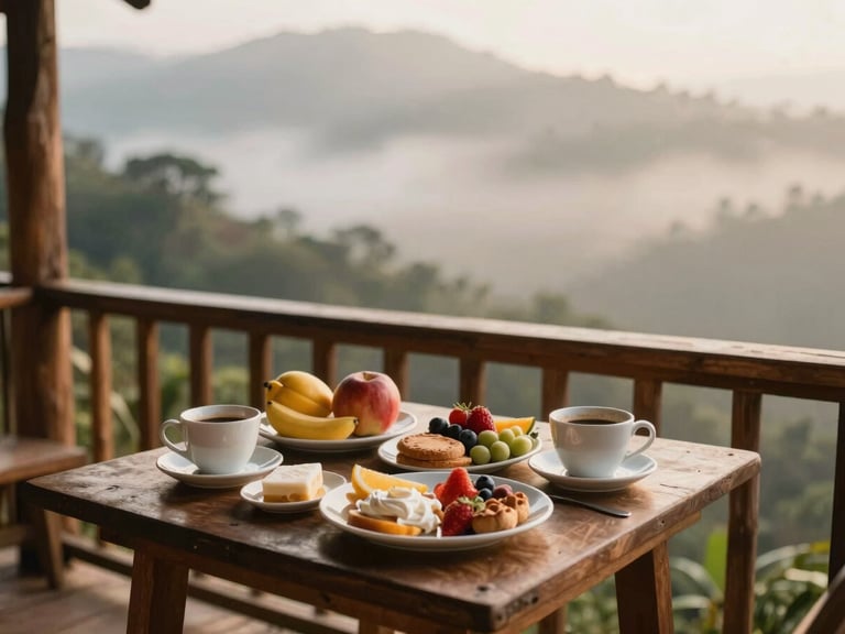 Warm editorial photography of an artisanal breakfast spread on a wooden cabin balcony, fresh tropical fruits, Colombian coffee in ceramic cups, soft morning light, 35mm