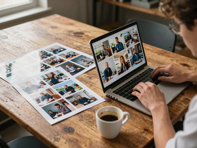 Wide landscape shot of a Pomodoro team member reviewing photo selects on a laptop at a worn wooden table, contact sheets fanned to the left, warm afternoon light from a nearby window, a half-empty coffee cup in the foreground, candid and unhurried