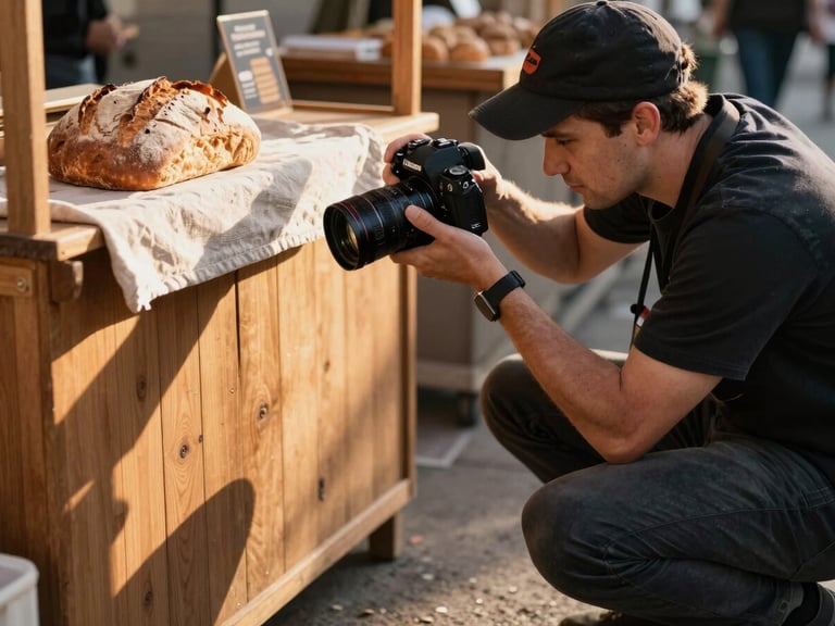 Agency team member crouching low beside a wooden market stall, framing a shot of a single loaf of bread on a linen cloth, camera raised, golden late-afternoon light raking across the stall surface from the left
