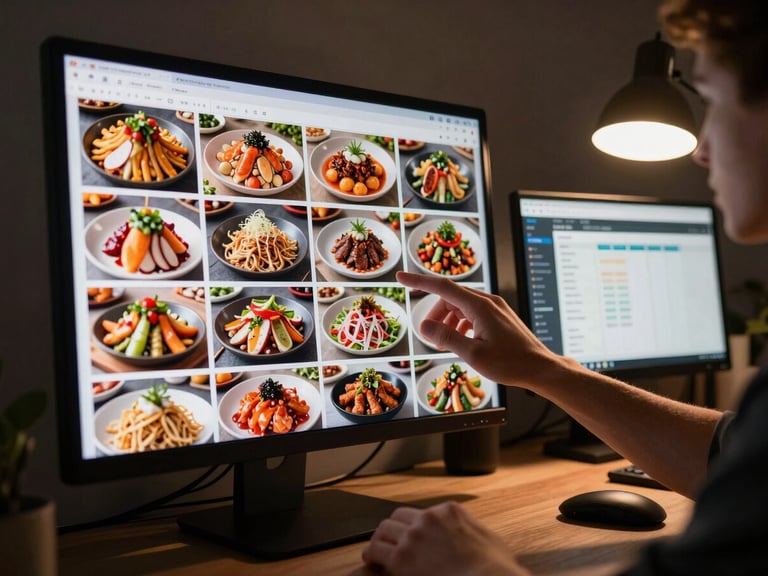 Hands scrolling through a grid of food photographs on a large monitor in a dim studio room, a second screen showing a scheduling interface, warm desk lamp glow from the right, the rest of the room softly dark