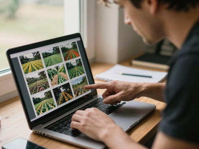 Agency team member leaning over a laptop reviewing a grid of farm shoot contact sheets, hands pointing at the screen, warm afternoon light through a nearby window, candid and unhurried