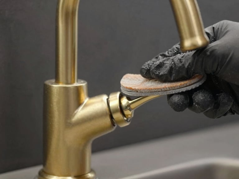 Extreme close-up of a hand in a dark glove polishing a brushed gold kitchen faucet, natural light reflecting off the immaculate metal, dark matte background.