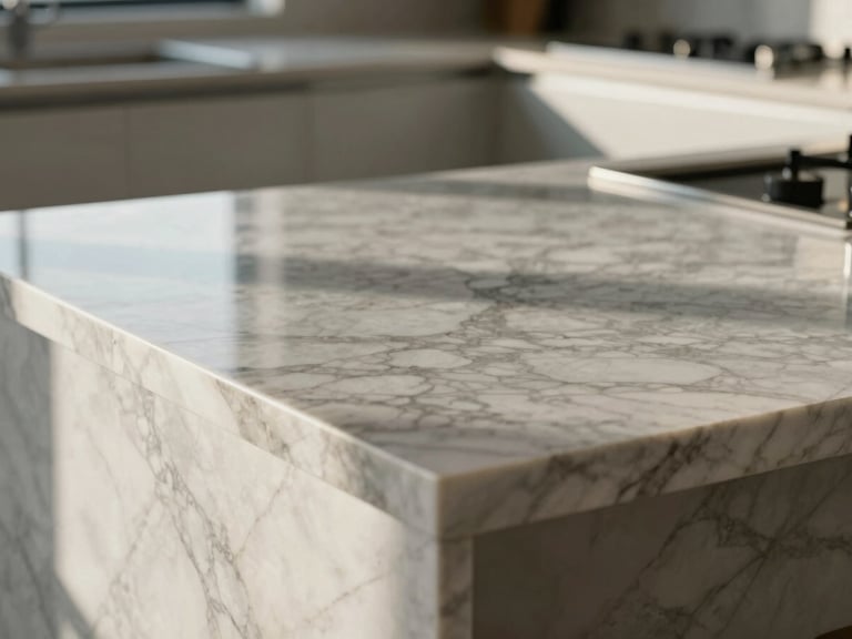 Extreme close-up of a perfectly polished marble kitchen island reflecting soft morning light, streak-free glass panels in the background, sharp geometric lines