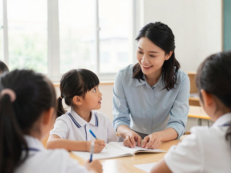 Candid shot of a teacher guiding a primary school child with a warm smile, bright classroom setting, natural window light, soft authentic colors