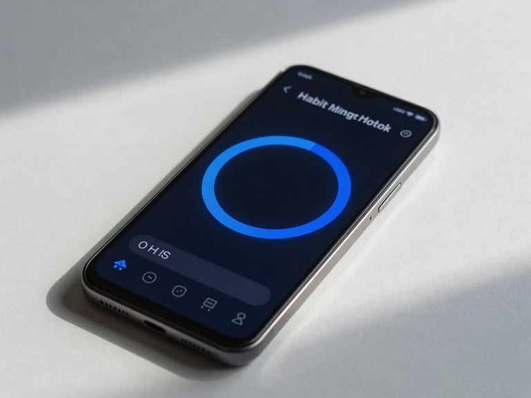 Sleek product photography of a modern Android phone screen showing a clean, dark-mode habit tracking app interface with electric blue progress rings, natural daylight shadows