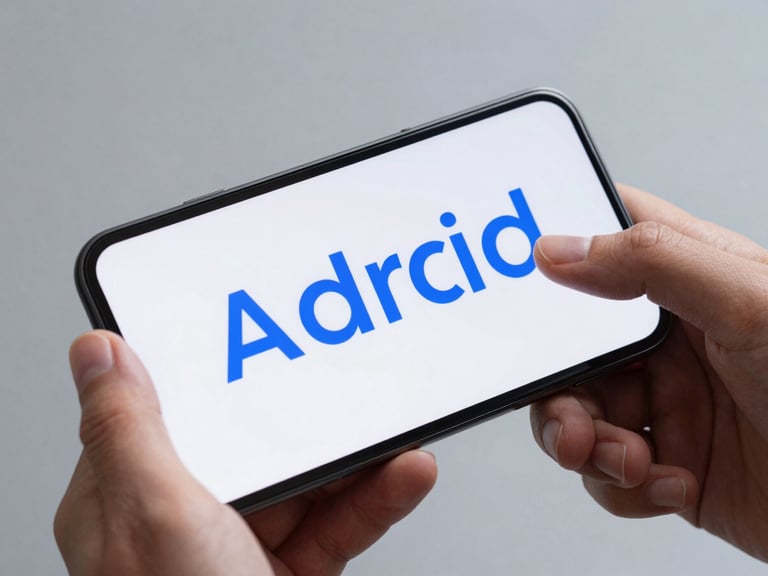 Close-up shot of hands interacting with a physical Android device, displaying a minimalist learning interface with highly legible geometric sans-serif typography, studio lighting