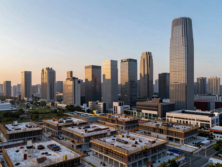 Wide angle drone shot of an active structural framing project against a growing urban skyline during warm golden hour light.