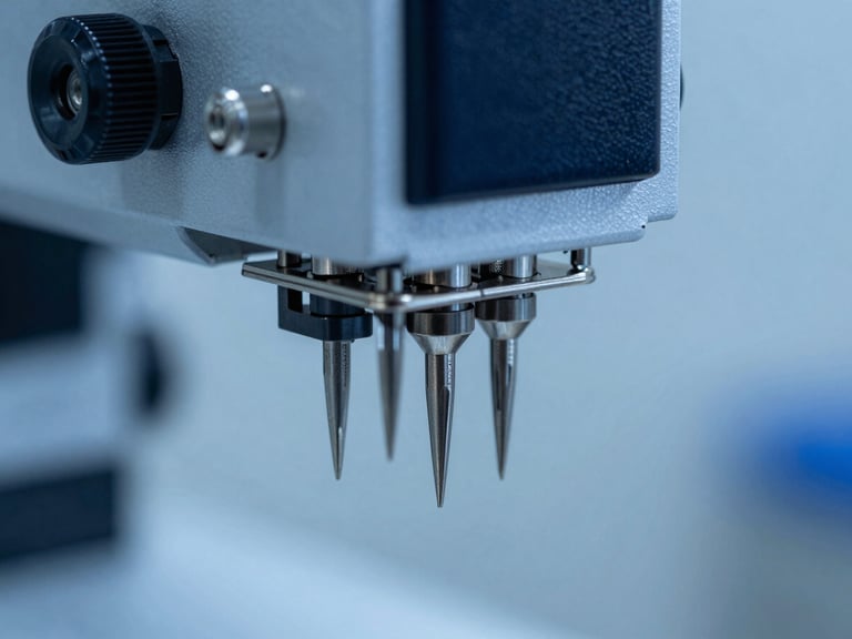 Macro photograph of a high-speed industrial embroidery head, needles in sharp focus, steel metallic surfaces, cool blue lighting, high technical detail