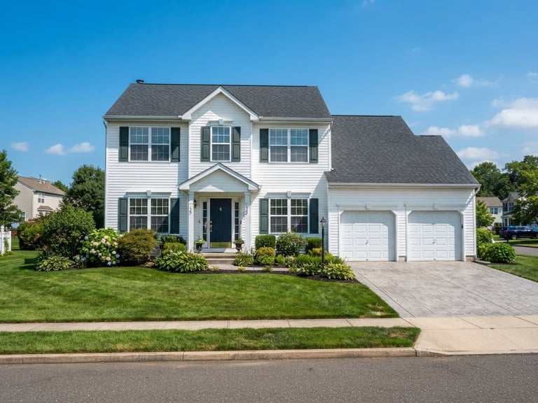 Bright outdoor photography of a clean Dover New Jersey home exterior, crisp midday sunlight reflecting off pristine white vinyl siding, sharp focus, 35mm lens.