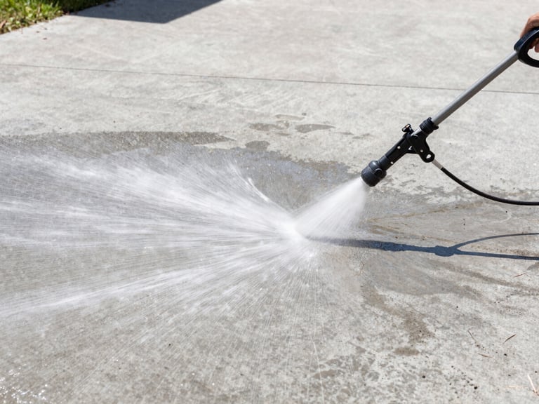 Wide shot of a clean concrete driveway being pressure washed, water spray lifting dirt, bright midday sunlight, sharp focus.