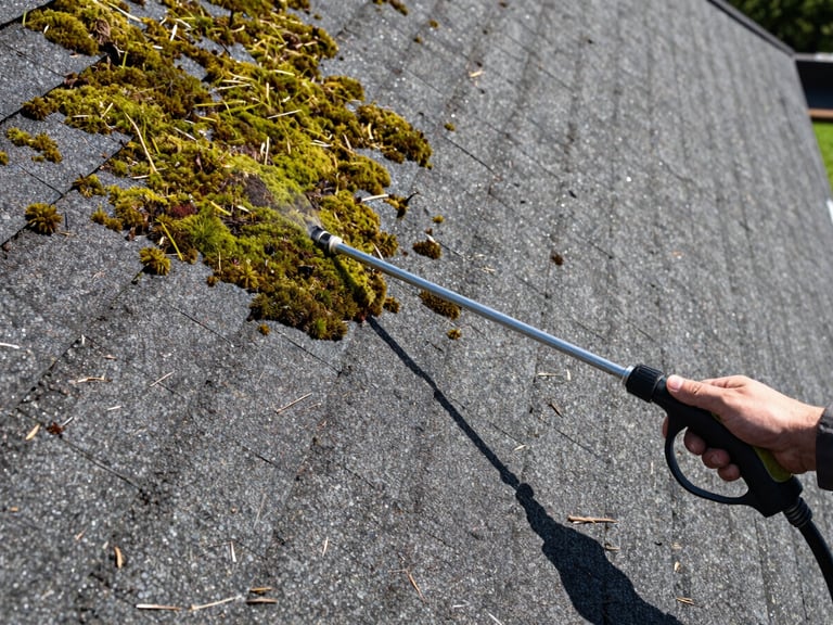 Overhead view of a dark shingle roof, half covered in green moss, half clean, with a technician's hand holding a low-pressure wand, bright midday sunlight.