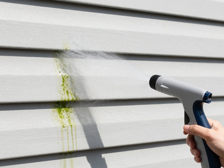 Close-up of soft-wash nozzle gently spraying cleaning solution onto green algae-stained vinyl siding, bright midday sunlight, high contrast.