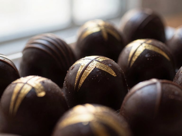 Close-up of a complex, glossy chocolate entremet with gold leaf decoration, dramatically side-lit, rich dark tones with gold accents, macro depth of field.