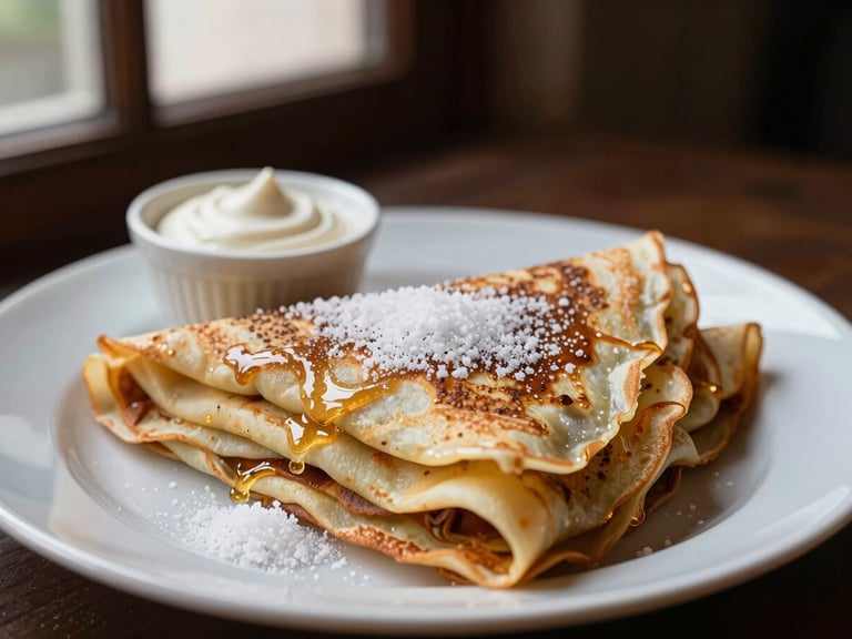Crêpe pliée élégamment sur une assiette, saupoudrée de sucre glace, avec un pot de pâte à tartiner en arrière-plan, lumière douce.