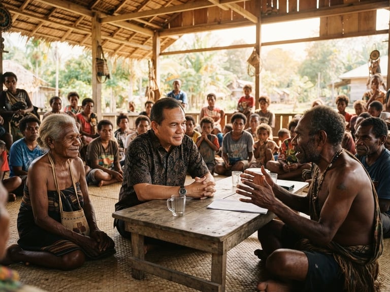 A candid wide shot of Regent Johannes Rettob listening intently to villagers in a warm, naturally lit outdoor community pavilion in Mimika, Papua, 35mm editorial style