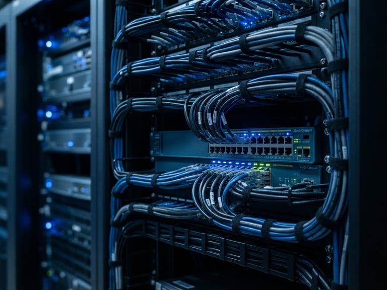 Macro detail shot of a clean server rack, cool blue ambient light glowing from network switches, Cat6 cables neatly organized in a technical blueprint layout, sharp focus