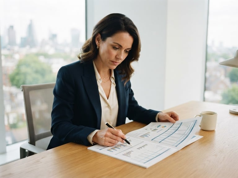 A professional financial consultant in a bright, daylight-filled office, reviewing a structured document on a wooden desk, soft shadows, 35mm lens, editorial style.