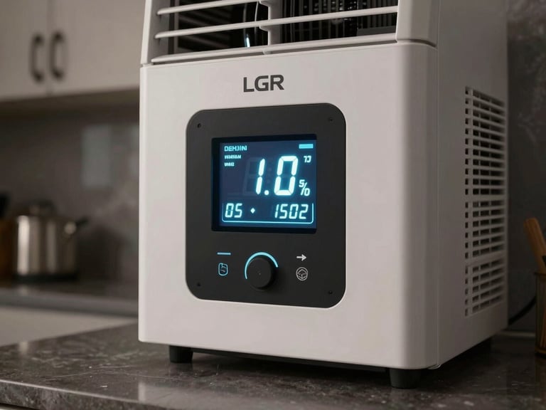 Macro shot of an LGR dehumidifier control panel glowing in a darkened high-end Manhattan kitchen, focusing on digital humidity readings.