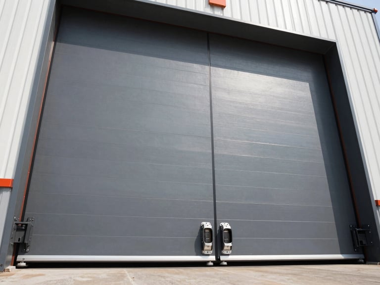 Low-angle power shot of a massive industrial sectional door, showing high-contrast tracks and heavy-duty motor drive, crisp daylight.
