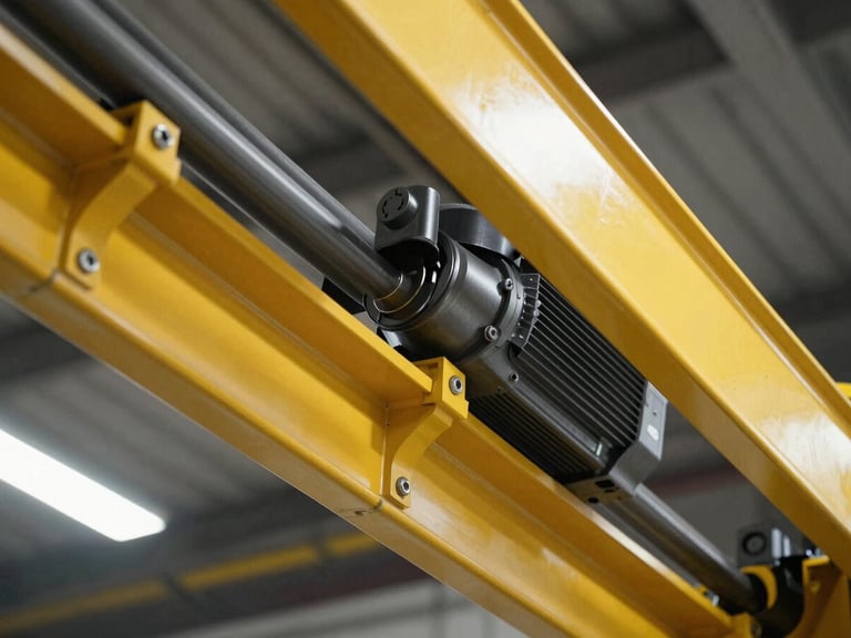 Low-angle architectural power shot of a heavy-duty yellow high-speed door track and motor drive, clean technical details, high-contrast industrial lighting.