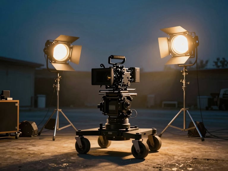 Wide shot of a commercial film set, high-end camera rig on a dolly, dramatic key lighting, anamorphic lens flare, deep shadows, 35mm