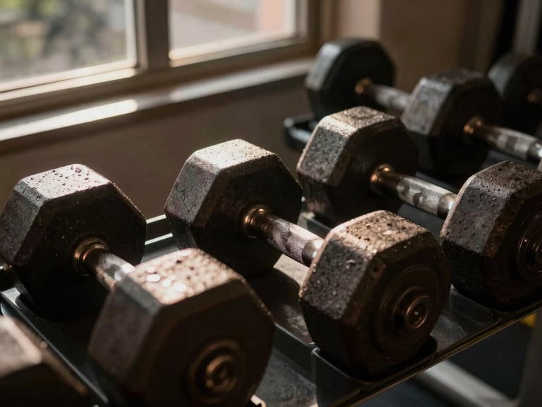 Dramatic close-up of heavy iron dumbbells on a dark rack, side-lit window daylight casting long shadows, deep charcoal and warm amber tones, 35mm lens