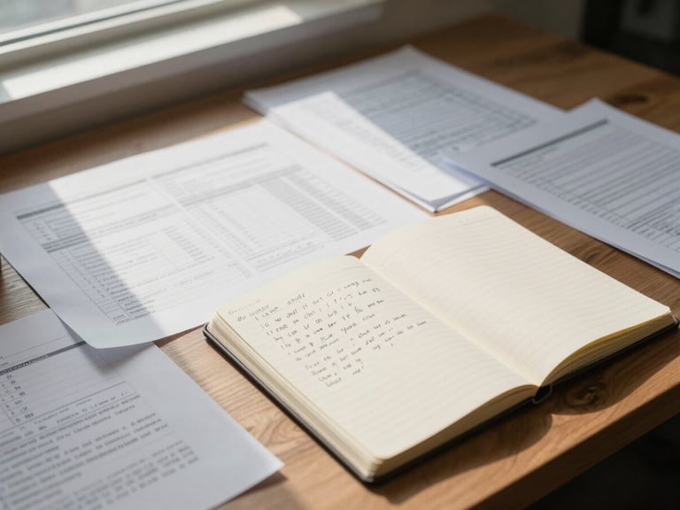 Wide environmental shot of a planning desk in natural window light, structured documents and a ruled notebook open to handwritten notes, overhead angle showing the organised work surface, no people visible
