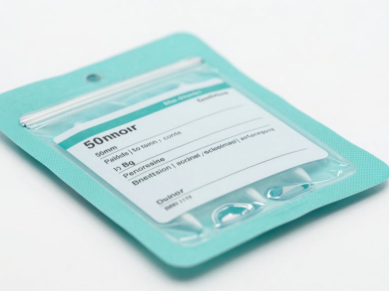 Close-up of sealed medical device packaging under bright neutral white studio light, sterile teal tones, sharp focus on regulatory labels