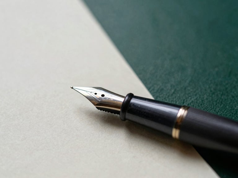 Macro detail of a classic fountain pen nib resting on heavy cream paper, soft side window light, dark green desk background, 35mm film photography.