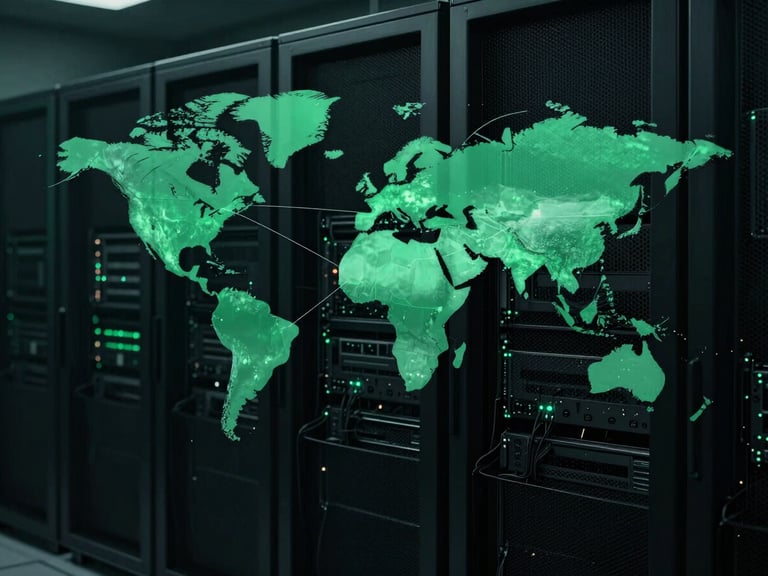 Clean server infrastructure with subtle emerald light, representing a global knowledge network, low-key dramatic lighting, deep obsidian and emerald tones, sharp focus, cinematic architectural photography, 35mm anamorphic lens.