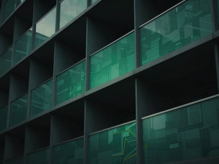 Structured data visualizations flowing through architectural geometry, low-key dramatic lighting, deep obsidian and emerald tones, sharp focus, cinematic architectural photography, 35mm anamorphic lens.