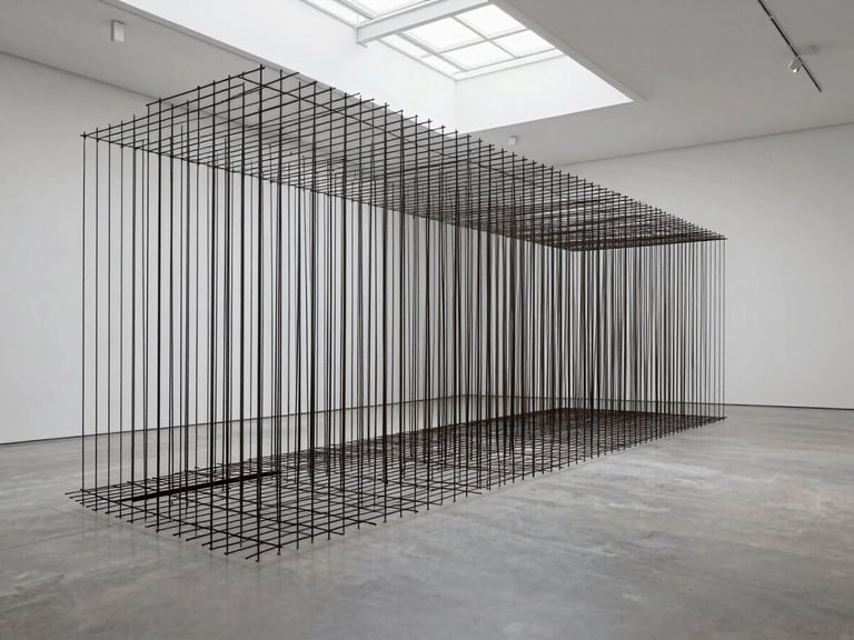 Extreme wide shot of a minimalist white-cube gallery space with a large-scale iron rod installation stretching from floor to ceiling, diffuse natural light from a skylight, soft shadows.